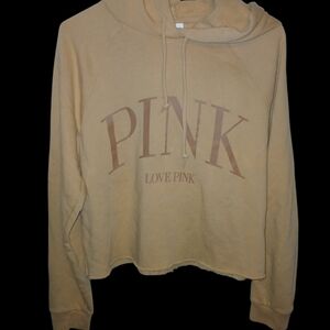 PINK Victoria's Secret Cropped Hoodie in Beige with Brown Logo